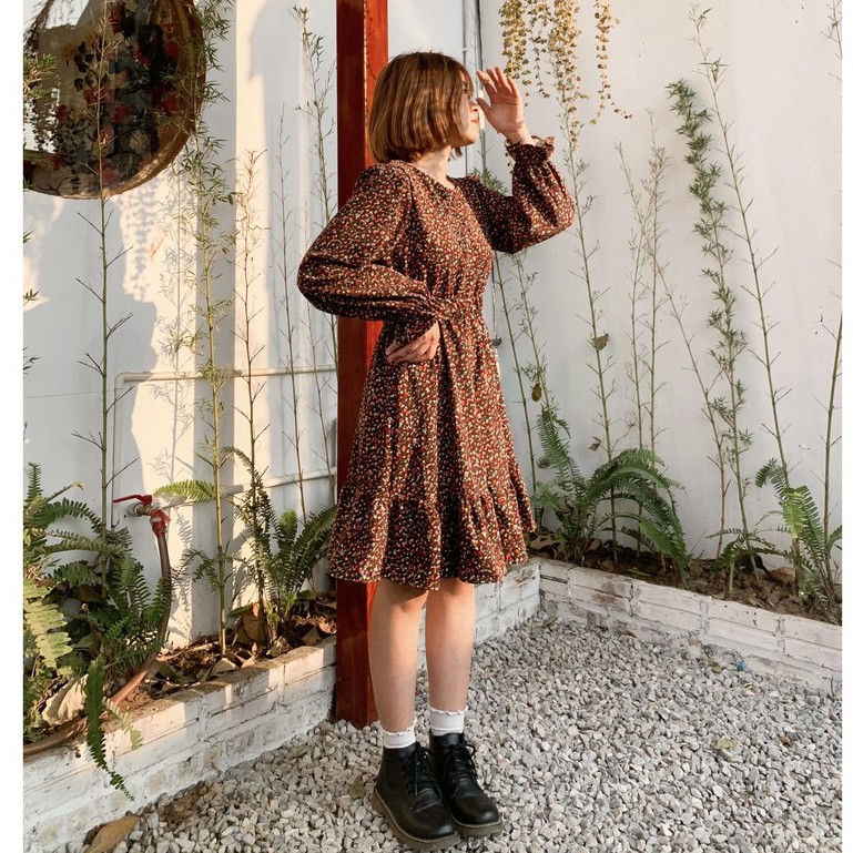 Váy hoa nhí vải dạ nhung dáng xòe ngắn siêu hack dáng Ulzzang Style🌸 Hàng Quảng Châu