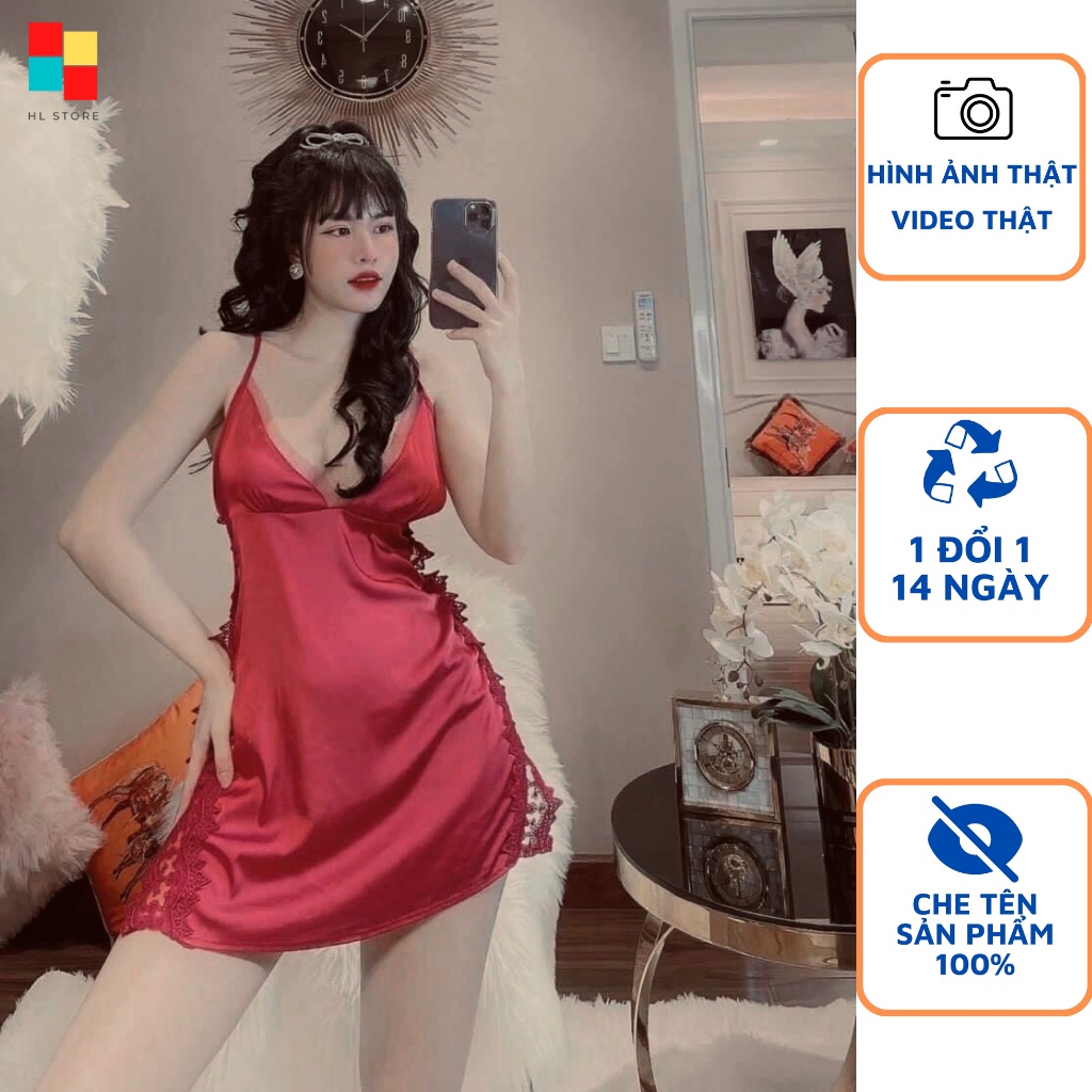 Đầm ngủ 2 dây phối ren eo, ngực phối lưới HẢI LAN Store, chất liệu lụa satin cao cấp mềm mại, freesize dưới 65kg
