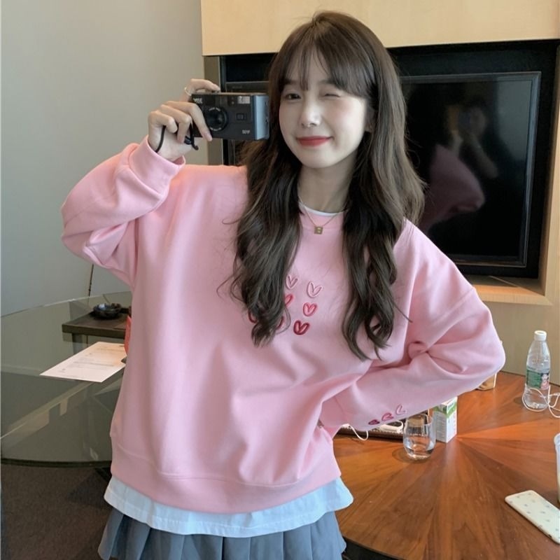 Áo len nữ dài tay cổ tròn màu hồng thời trang