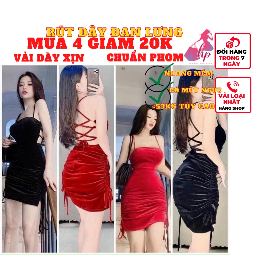 Váy đầm 2 dây nữ ngắn đan lưng rút dây 1 bên sang chảnh có mút ôm body màu đỏ đen chất nhung mềm phong cách VD132