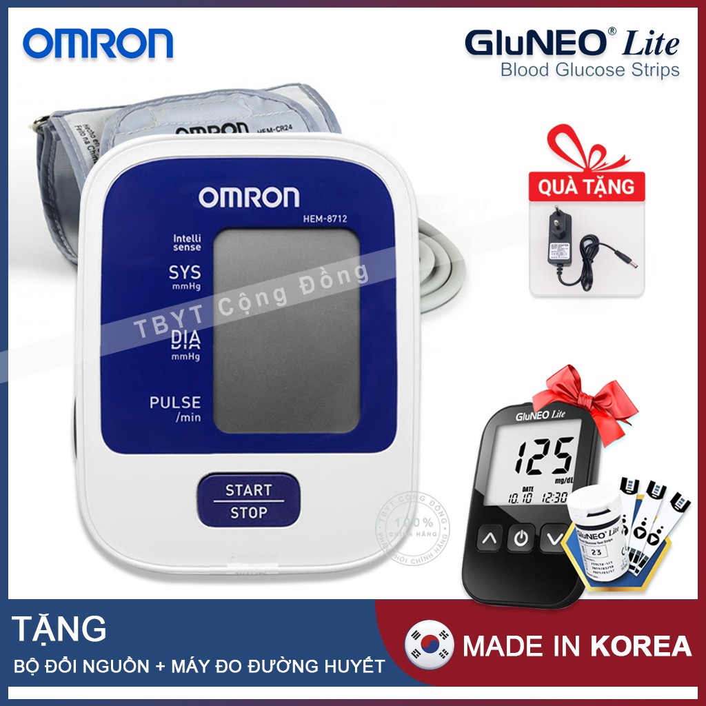 Máy đo huyết áp bắp tay Omron HEM - 8712 + Tặng bộ đổi nguồn (OEM) + Tặng máy đo đường huyết Gluneo Lite Hàn Quốc