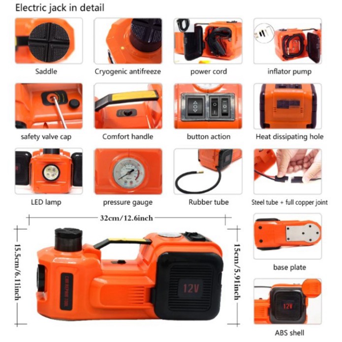 Sản Phẩm Bộ nâng kích gầm điện, kiêm máy bơm lốp và máy siết ốc ô tô  ROGTZ đa năng 3 trong 1 DDZSTT02. Bảo hành 2 năm