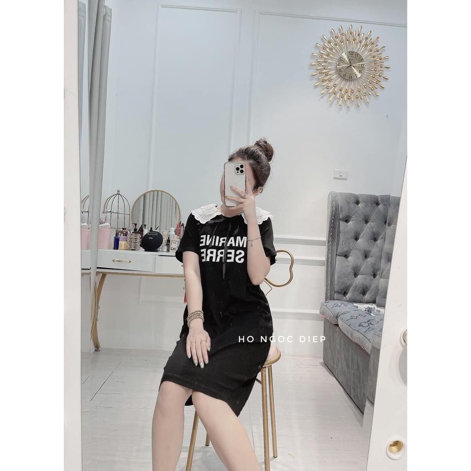 VÁY SUÔNG ĐEN IN CHỮ PHỐI CỔ REN TRẮNG | BigBuy360 - bigbuy360.vn