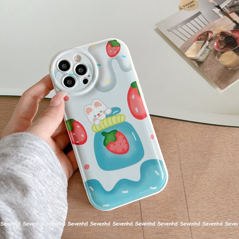 Ốp Điện Thoại Mềm Hình Dâu Tây / Thỏ Mắt To Có Đệm Khí Cho iPhone 14 13 12 11 Pro Max X XR Xs Max 8 7 6 6s Plus SE 2020