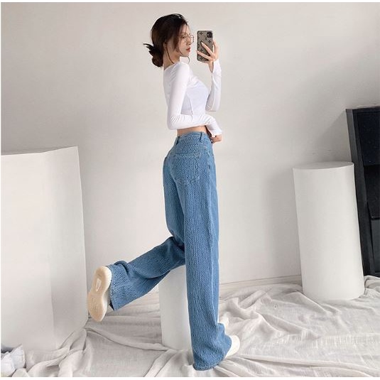 Quần jean lưng cao chất liệu dệt ô ống rộng HQD45 Hỉn Hỉn Store