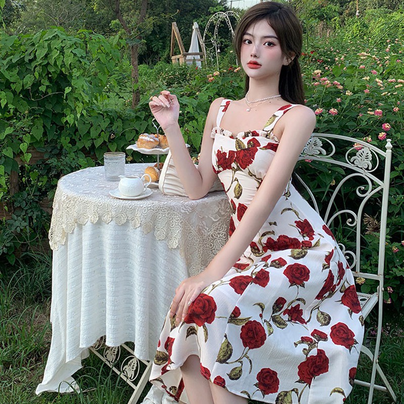 Đầm Lửng Hai Dây Họa Tiết Hoa Thời Trang Mùa Hè Hàn Quốc Cổ Điển Dành Cho Nữ