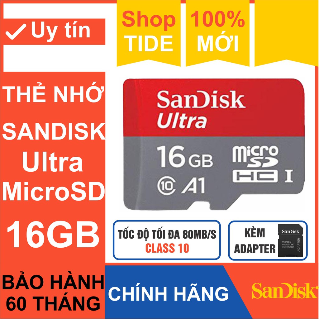 Thẻ nhớ MicroSD SanDisk 16GB – Bảo hành 5 năm – CHÍNH HÃNG – Kèm Adapter