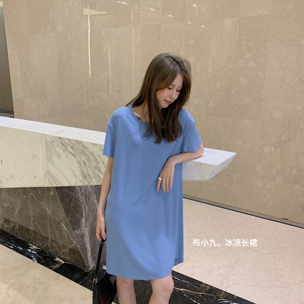 DUNEA Đầm Tay Ngắn Màu Trơn Kiểu Dáng Đơn Giản Thời Trang Dành Cho Nữ