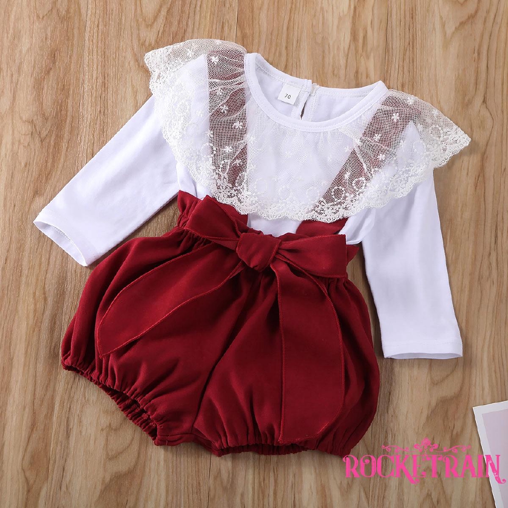 Set áo tay dài phối bèo hoa sen và quần short kiểu yếm cho bé gái 0-24Th