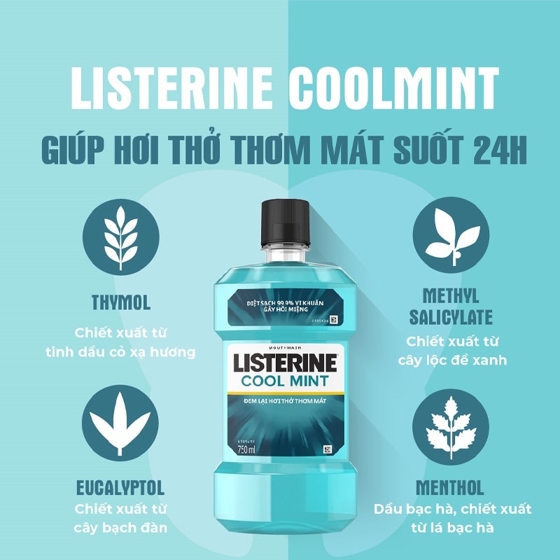 Nước Súc Miệng Bạc Hà Trắng Răng Listerine 750ML Ngừa Sâu Răng Kháng Sát Khuẩn Làm Sạch Mảng Bám Chống Hôi Miệng