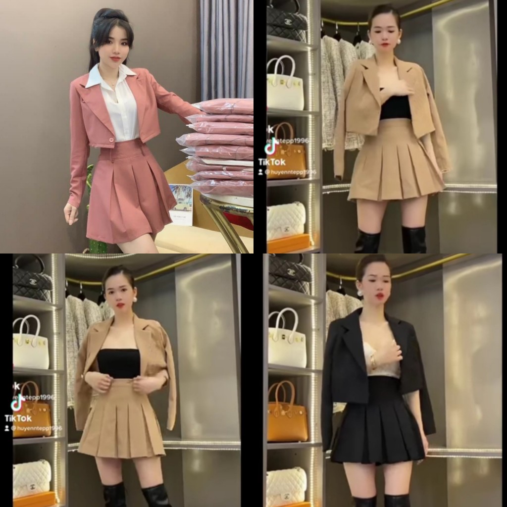 Combo áo blazer croptop + chân váy xếp ly (S34) - Có màu đen, hồng, be, trắng | BigBuy360 - bigbuy360.vn