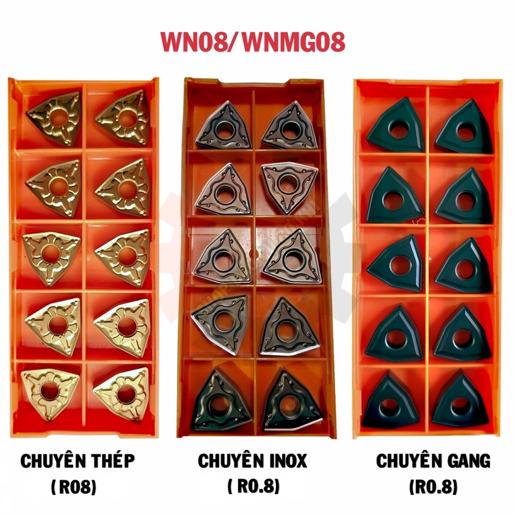 Mảnh chíp tiện WN08/WNMG08 góc mũi R0.4, R0.8 cao cấp Nhật Bản chạy gang, thép, inox, nhôm