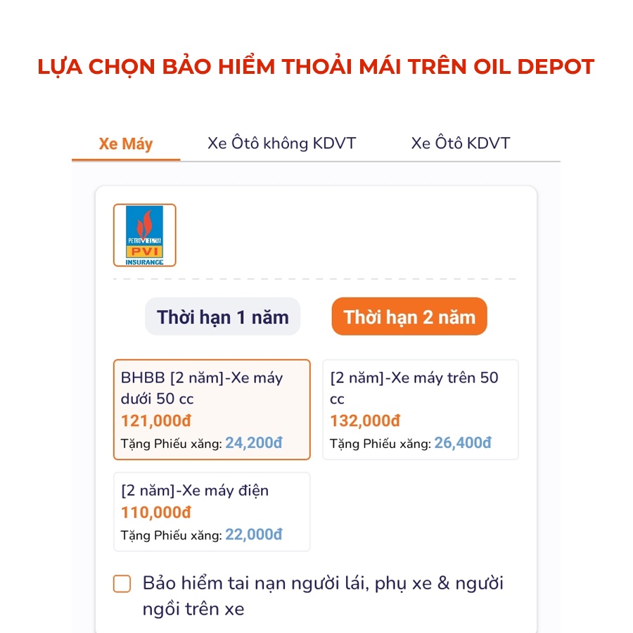 Bảo hiểm bắt buộc PVI Oil Depot - Xe máy điện - 2 năm