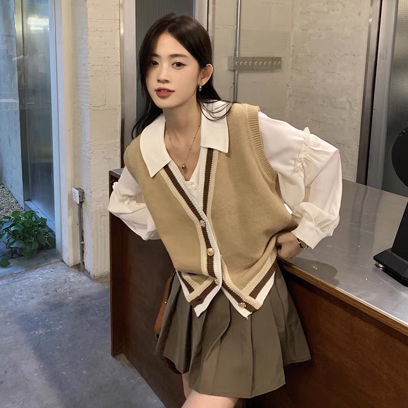 Áo gile, Áo gile len nữ màu nâu cài khuy viền sọc năng động ulzzang Hàn Quốc 2021 order Taobao