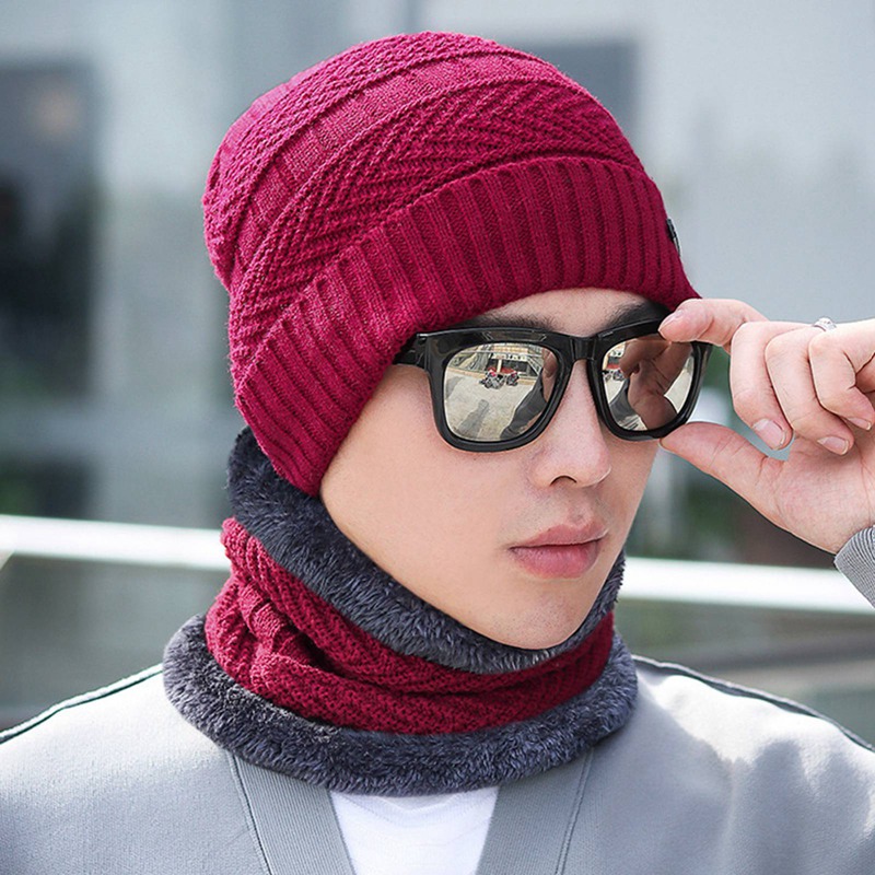 Set Mũ Len Beanie Và Khăn Choàng Cổ Dạng Ống Cho Nam
