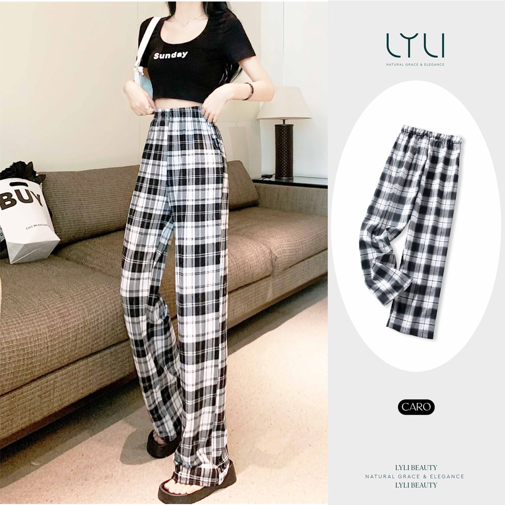 Quần kẻ sọc caro ống rộng nữ Lylibeauty dáng suông Unisex chất vải thô dày dặn giữ form đúng dáng đầy đủ size TL22