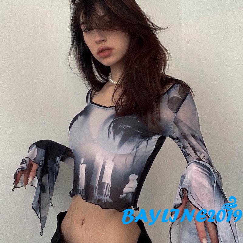 Áo Croptop Dài Tay Thiết Kế Nhún Bèo Thời Trang Cho Nữ