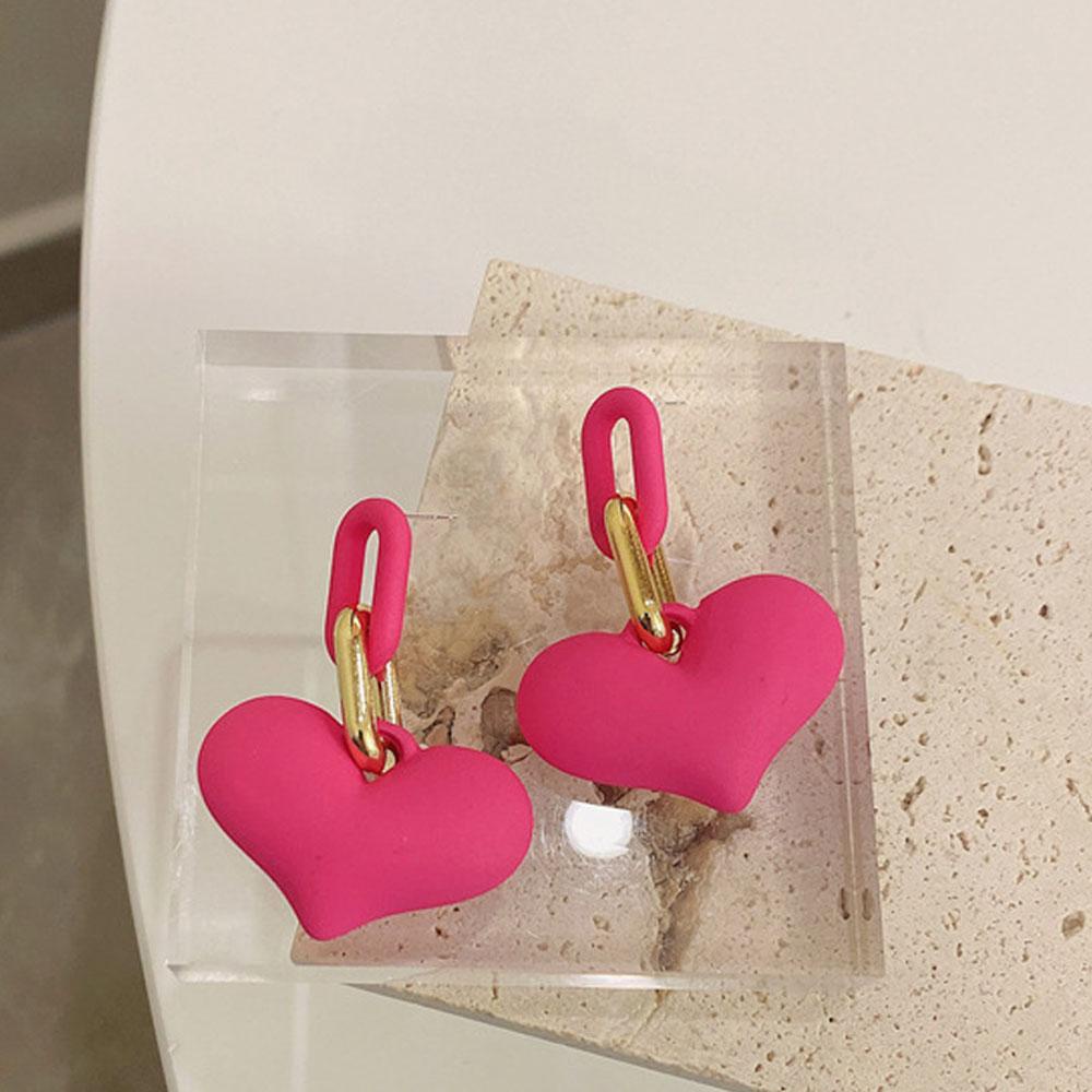 Bông Tai Dáng Dài Hình Trái Tim Màu Hồng Neon Xinh Xắn