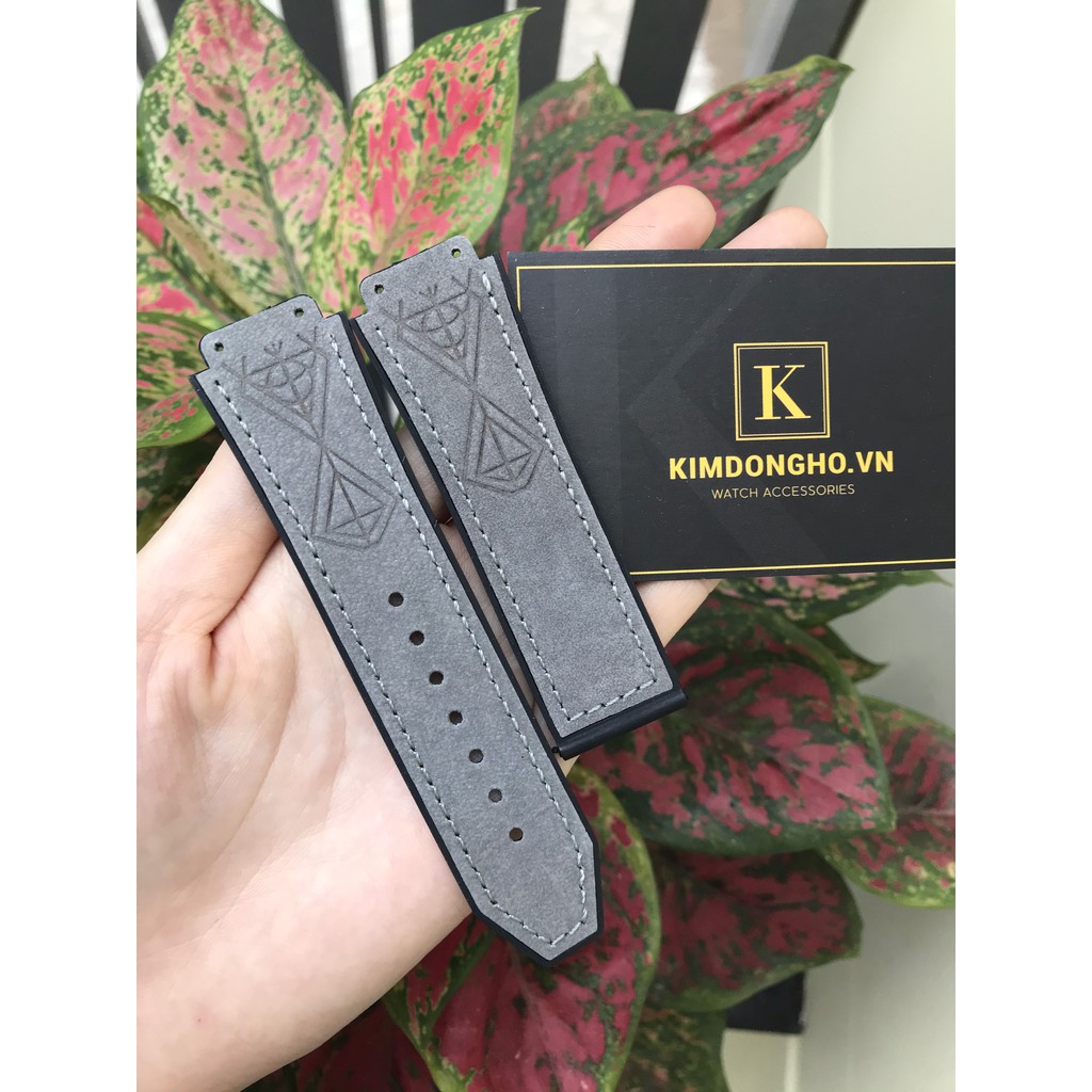 Tặng kèm tovit thay dây Dây đồng hồ Hublot Nam Da Lộn Xám Tối Kim Cương Case 42 Size 19 - 25 - 22