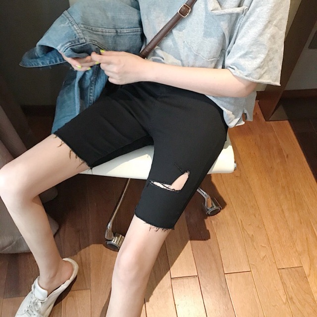 [Bigsize 58-90kg] Quần Lửng Jeans Đen Rách Đùi L, Lưng Cao, Co Giãn Mạnh