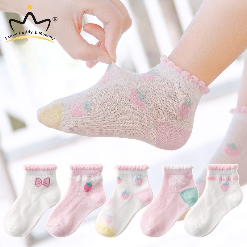 Bộ 5 Đôi Vớ Cotton Mỏng Thoáng Khí Thấm Hút Mồ Hôi In Họa Tiết Dâu Tây Hoạt Hình Dễ Thương Dành Cho Bé Gái
