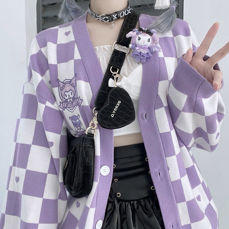 My Melody Kawaii Japanese Harajuku Cinnamon Dog Kuromi JK Loose Sweater Checkerboard Sweet Cute Cardigan