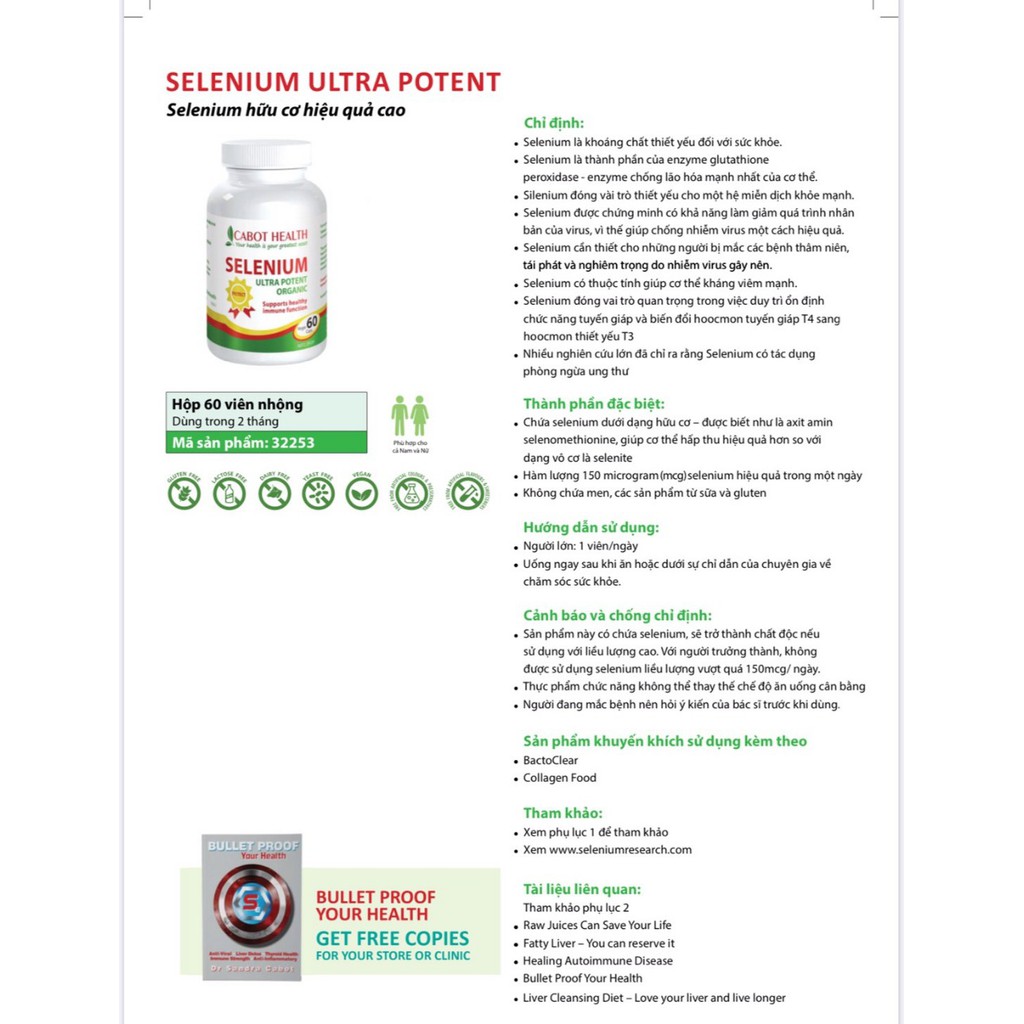 Viên Uống Tăng Cường Kháng Thể- Chống Lão Hóa-Duy Trì Chức Năng Tuyến Giáp. Dr Cabot Selenium 60 Viên