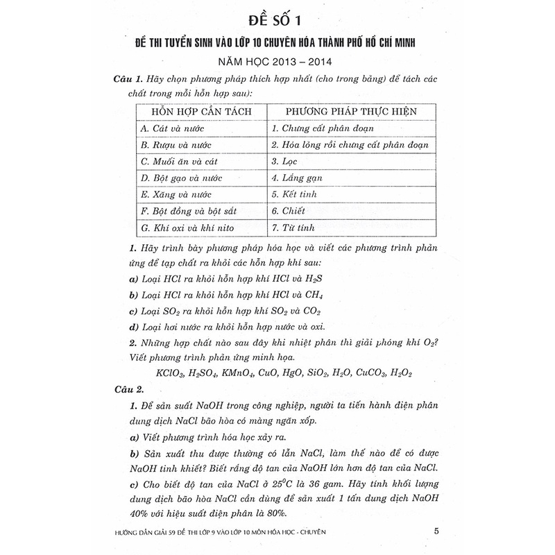 Sách Hướng Dẫn Giải 59 Đề Thi Lớp 9 Vào Lớp 10 Môn Hóa Học Các Trường Chuyên - Lớp Chuyên Bắc - Trung - Nam