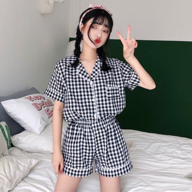 Bộ ngủ pijama caro loại đẹp dáng cộc