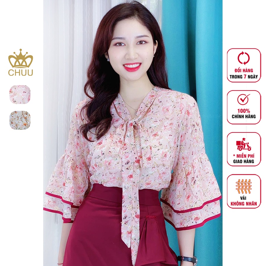 Áo sơ mi hoa nhí cổ thắt nơ tay xòe CHUU A5289