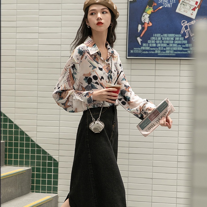 Linki ✧ Áo Sơ Mi Tay Dài Dáng Rộng Cổ Bẻ In Họa Tiết Thời Trang Cho Nữ