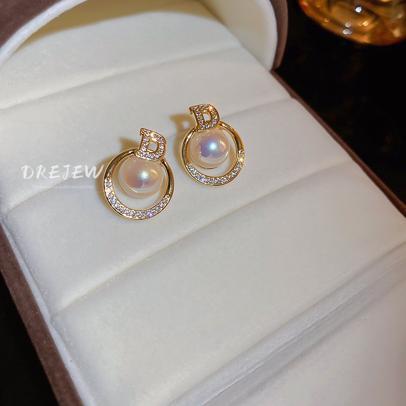 DREJEW Khuyên tai mạ vàng/ bạc đính đá zircon chữ nàng tiên cá ngọc trai cao cấp phong cách Pháp