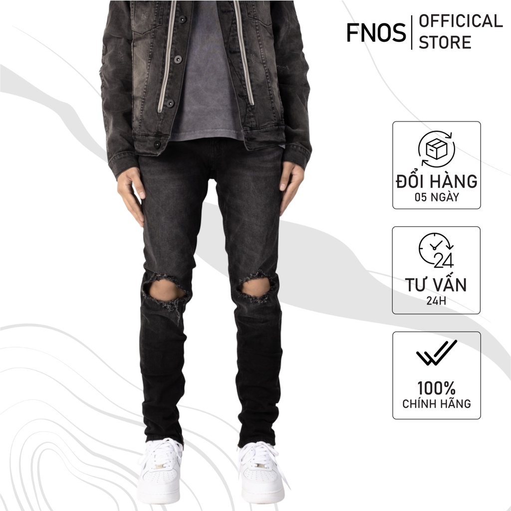 Quần jean nam streetwear cao cấp FNOS Z21 màu đen wash bạc form slimfit có zip jean co giãn