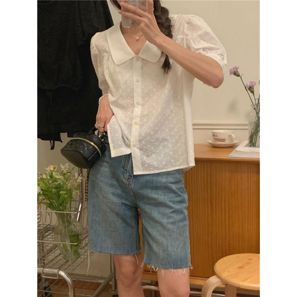 Áo Sơ Mi Trắng Tay Ngắn Cổ Peter Pan Thêu Họa Tiết Phong Cách Hàn Quốc 52112
