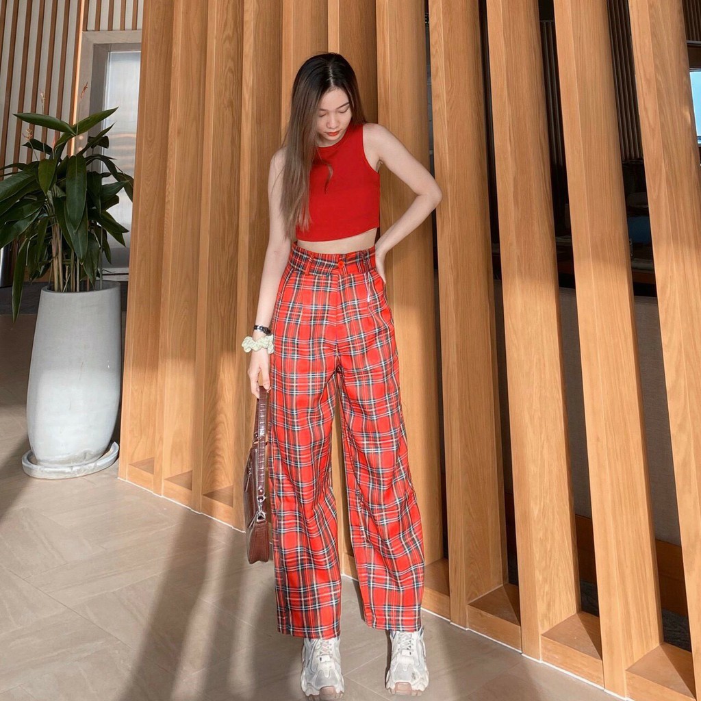 quần culottes kẻ caro cúc khóa chất thô nhiều màu xinh xắn