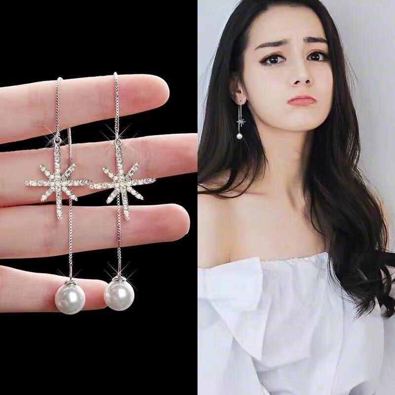 Khuyên tai tim vắt ngang phối tim Ngọc trắng nhân tạo bạc thật mạ vàng trắng