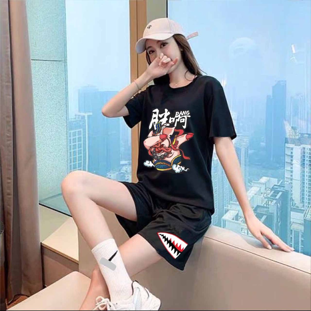 Bộ Nam Hè, Sét Thể Thao Mặc Nhà In Hình Heo Chất Thun Mè Co Dãn 4 Chiều Đen Phong Cách , quần đùi áo ngắn tay H01