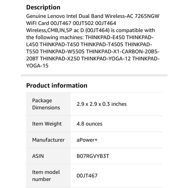 Card thu sóng wifi laptop lenovo Thinkpad T450s hiệu Intel AC 7265 802.11ac, Wi-Fi + Bluetooth 4.0 - (7265NGW)