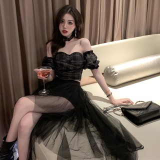 Set ulzzang áo croptop co dãn váy lưới có quần trong