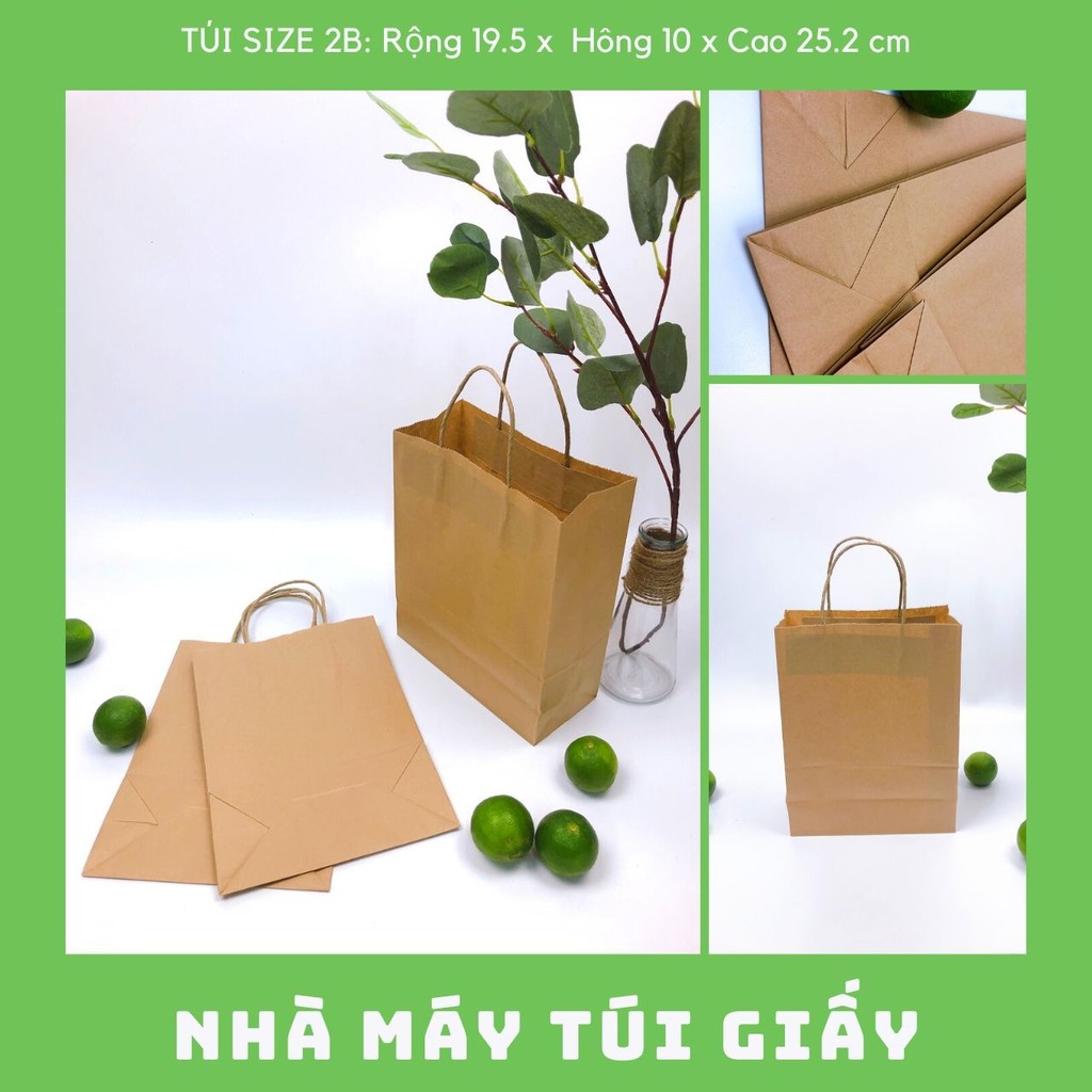 300 túi giấy nâu có quai Size 2B:19.5x10x 25.2 cm túi đựng hàng 3kg