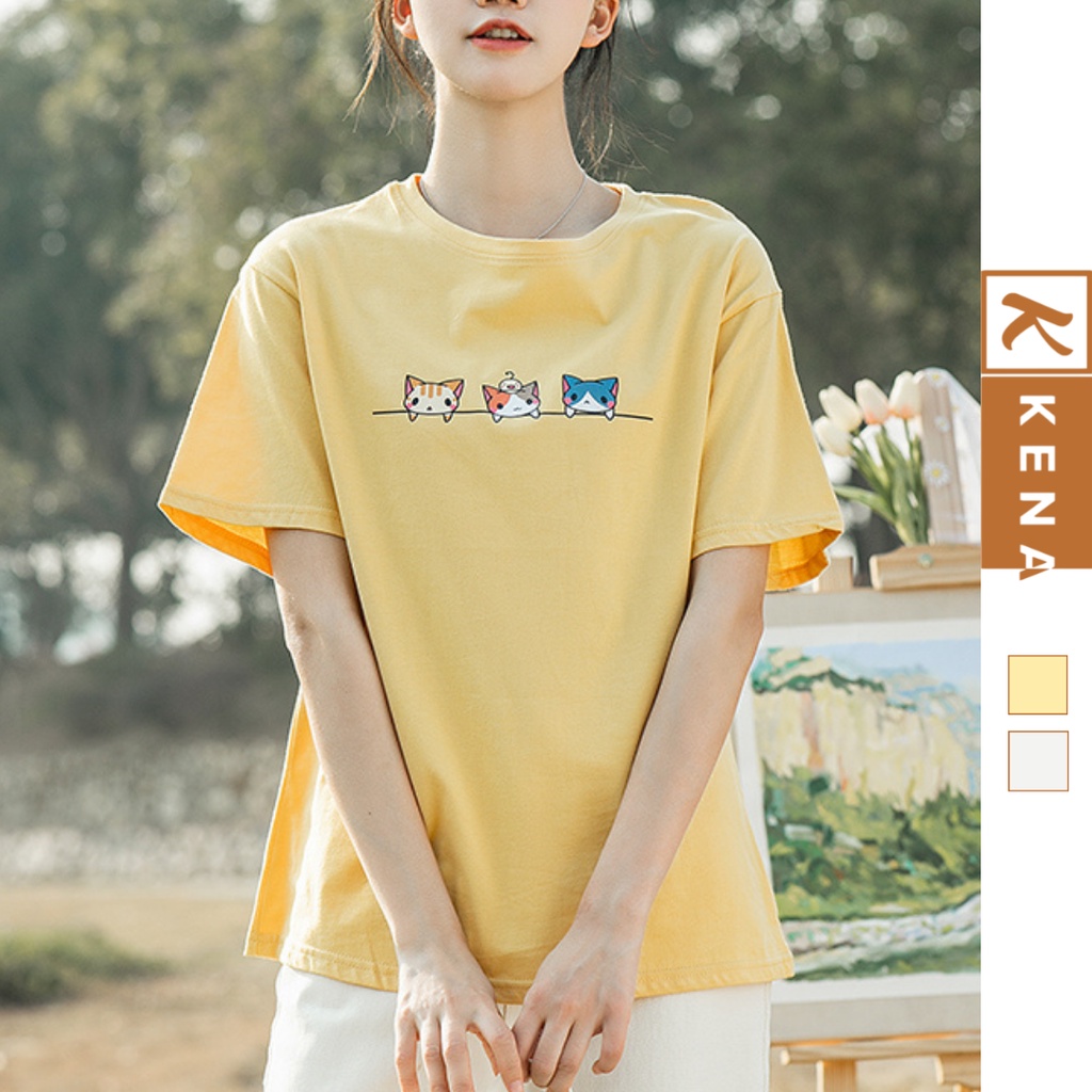 Áo thun nữ KENA form áo đơn giản hình in mèo ngộ nghĩnh vải cotton mềm mát - KAT-107
