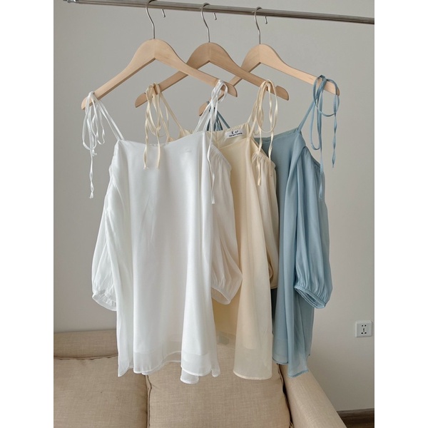 [Ảnh thật/Video]Áo trễ vai mã 999 thiết kế tay bồng buộc vai 3 màu  Áo trễ vai Hàn Quốc hai lớp đẹp nhẹ nhàng