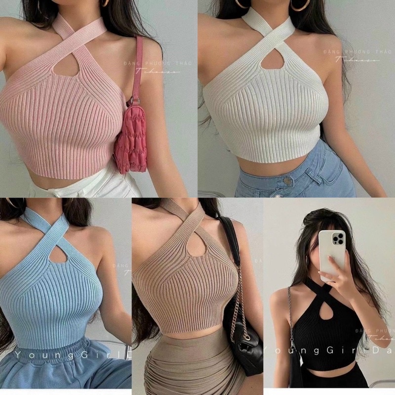Áo thun gân len tăm cổ yếm xoắn nhiều màu ☘️☘️☘️VKV alohastore1