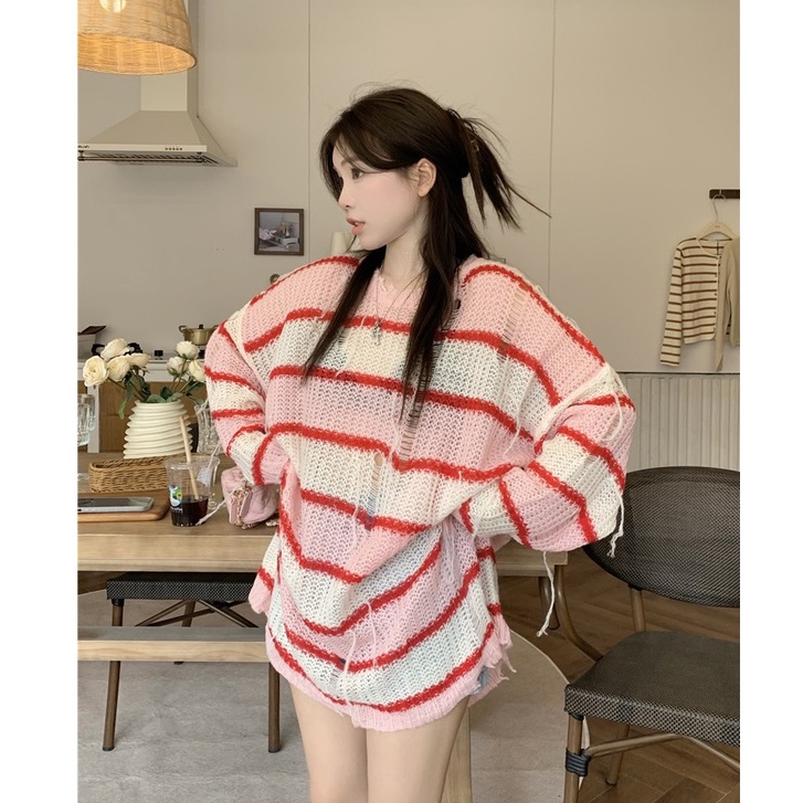 Porozi  Áo sweater dệt kim cổ chữ V họa tiết sọc ngang phong cách Hàn Quốc thời trang cho nữ