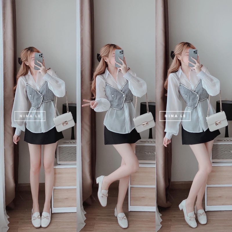 SET ÁO SƠ MI + GILE VIỀN 2 DÂY + CHÂN VÁY ĐEN