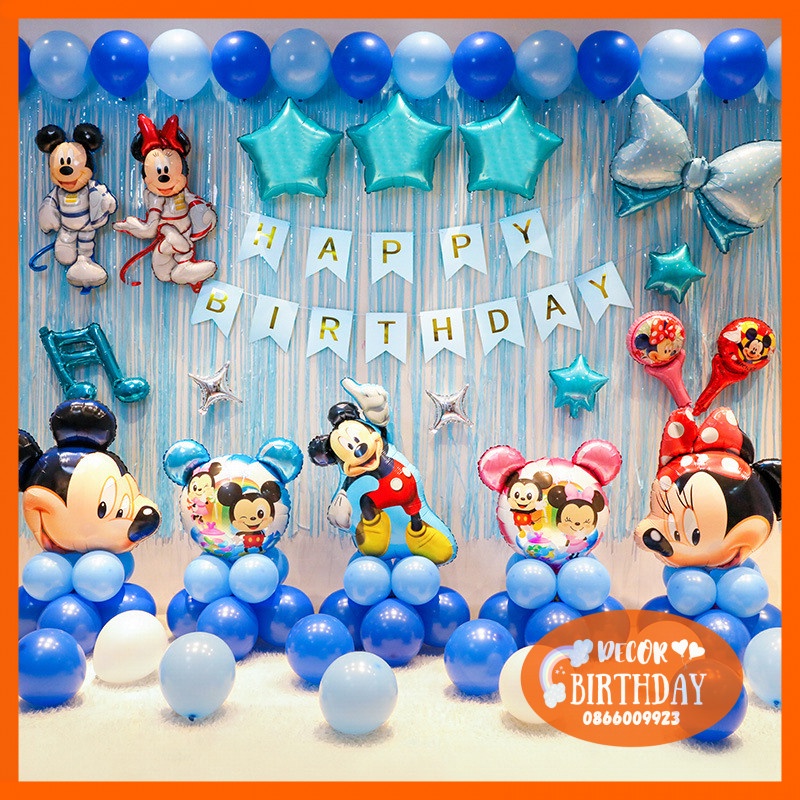 Set Trang Trí Sinh Nhật TUỔI CHUỘT Cho Bé Trai, Bóng Hình Mickey Đủ Mẫu, Set Y Hình Tặng Kèm Đồ Bơm Băng Dính