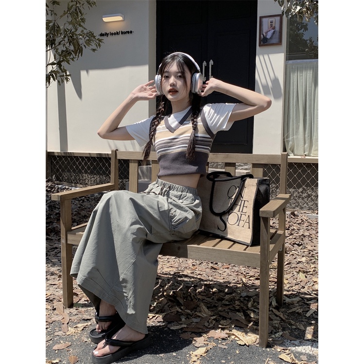 HUANG YOYO Áo Dệt Kim Hai Lớp Họa Tiết Kẻ Sọc Màu Tương Phản Thời Trang Hàn Quốc Dễ Phối Đồ