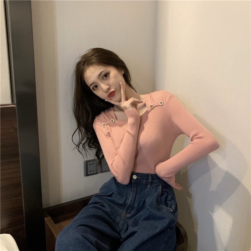 SUXI Áo Dệt Kim Tay Dài Cổ Vuông Màu Trơn Thời Trang Mùa Thu Phong Cách Hàn Quốc Cho Nữ