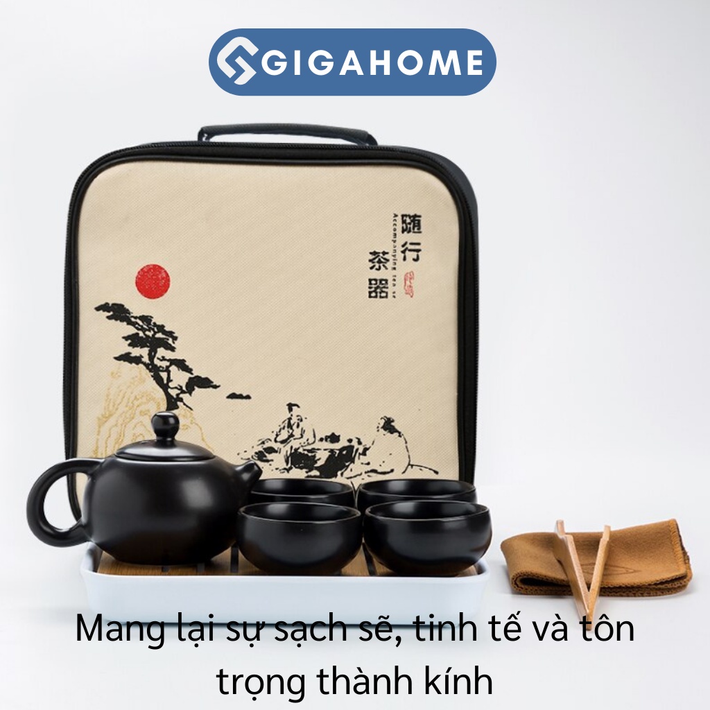 Bộ Ấm Pha Trà Gốm Sứ 4 Chén Du Lịch Tráng Men GIGAHOME Cao Cấp Kèm Khay, Kẹp, Túi Đựng 9984