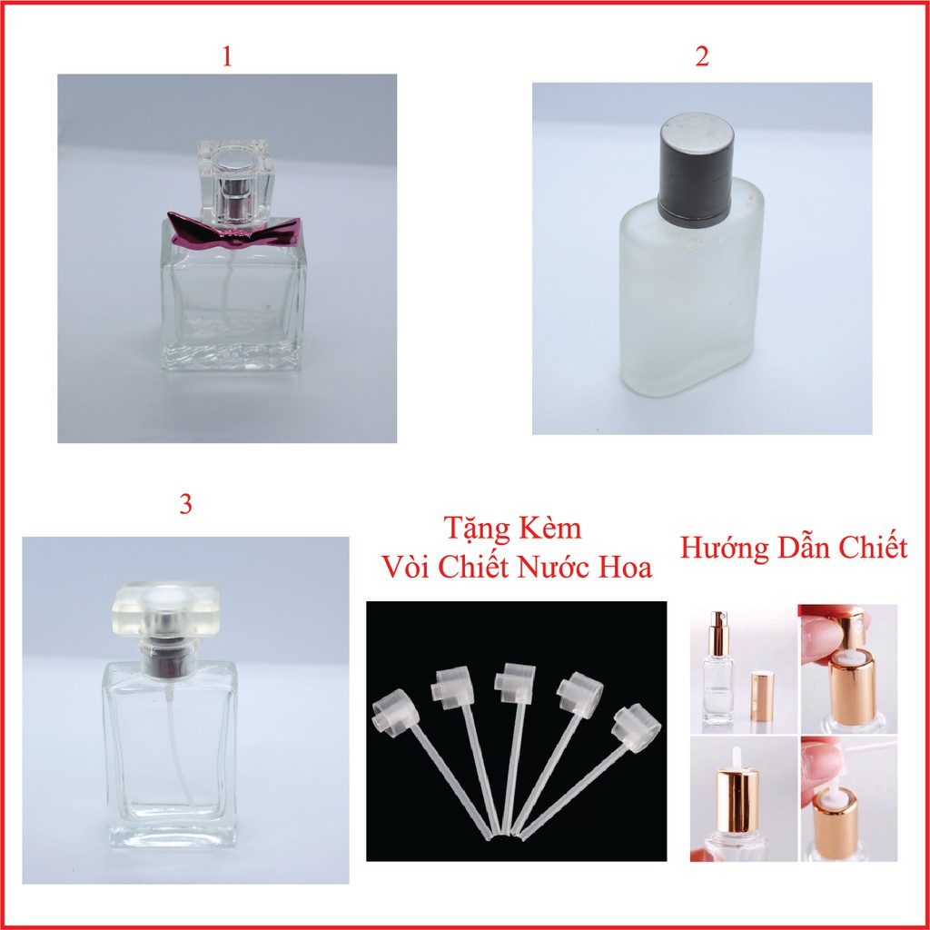 Chai chiết nước hoa, lọ chiết nước hoa thủy tinh 30ml tặng kèm vòi chiết (Form chai Versace, GIO, CoCo)